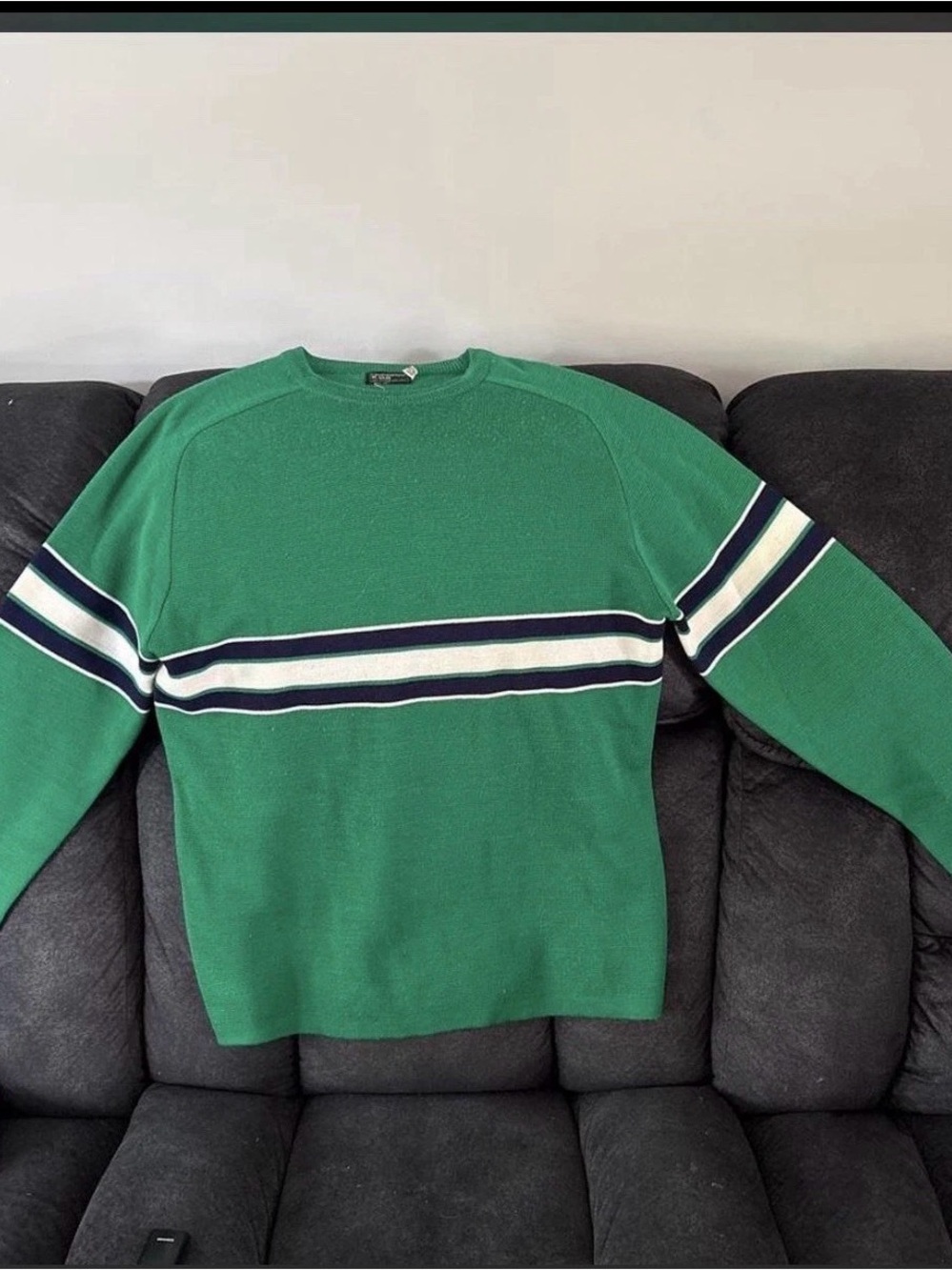 Christopher Rand Green Crewneck Sweater with White and Navy Stripes